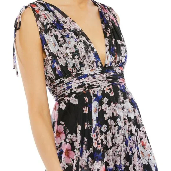 Mac Duggal Black Multi Pleated Floral Chiffon A Line Gown